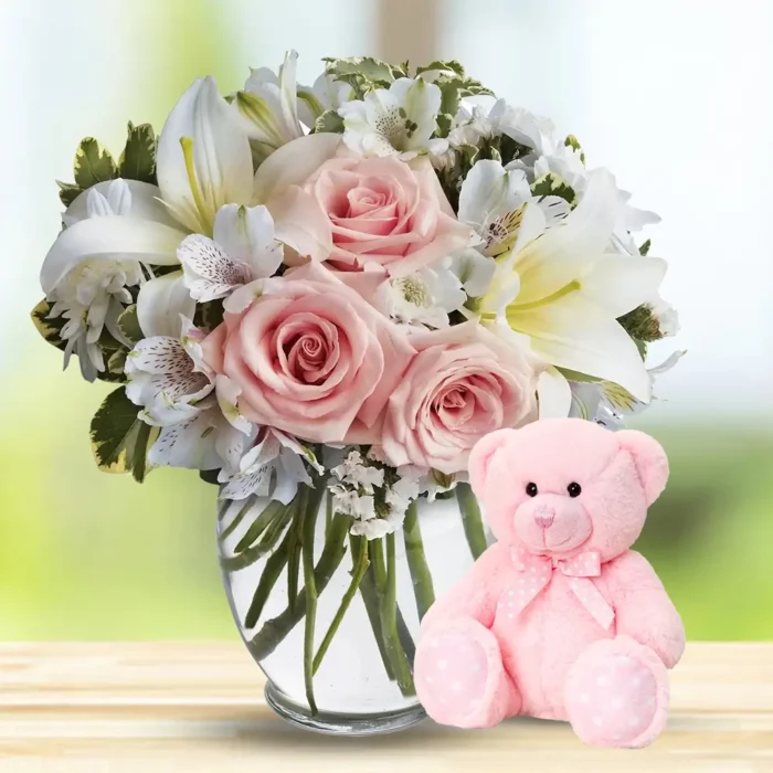 Mixed-Flower-Bouquet-with-Teddy