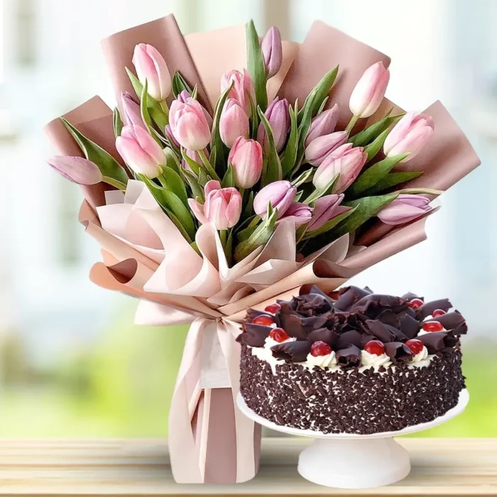 pink-tulips-bouquet-and-cake