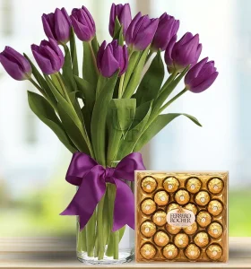 purple-tulips-in-a-glass-vase-chocolates