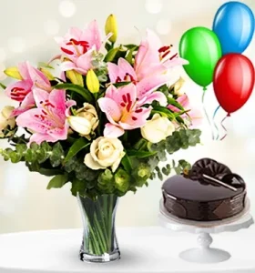 roses-and-lilies-in-vase-cake-and-balloons